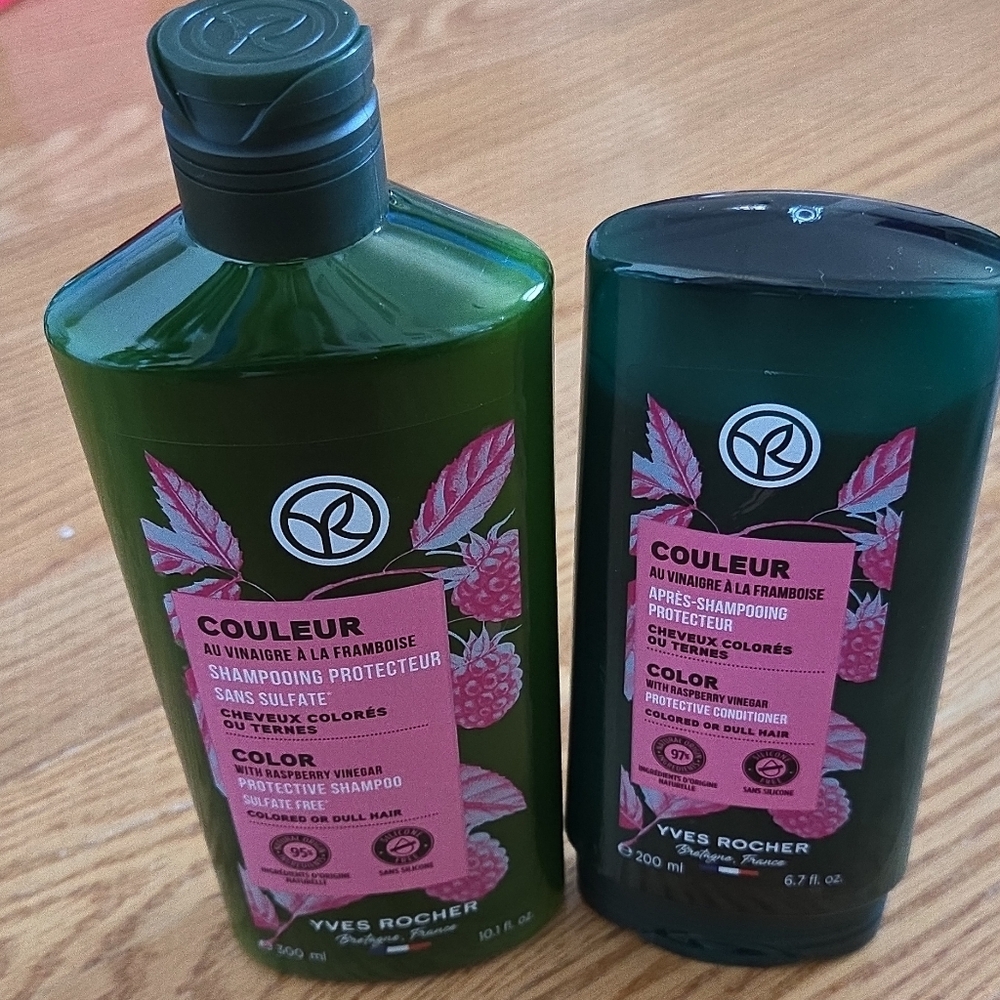 Yves Rocher Green Bottles with Pink Label Accents - Color Protecting Hair Care